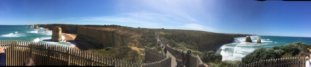 Panorama from the peninsula showing the Apostles on both sides.